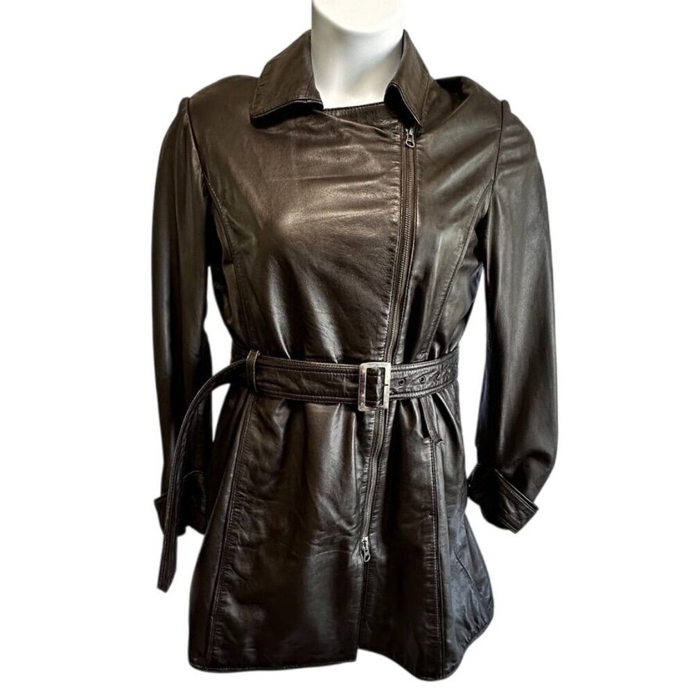 Bod & Christensen Brown Leather Jacket Trench Coat Asym Zip Belted Womens XL